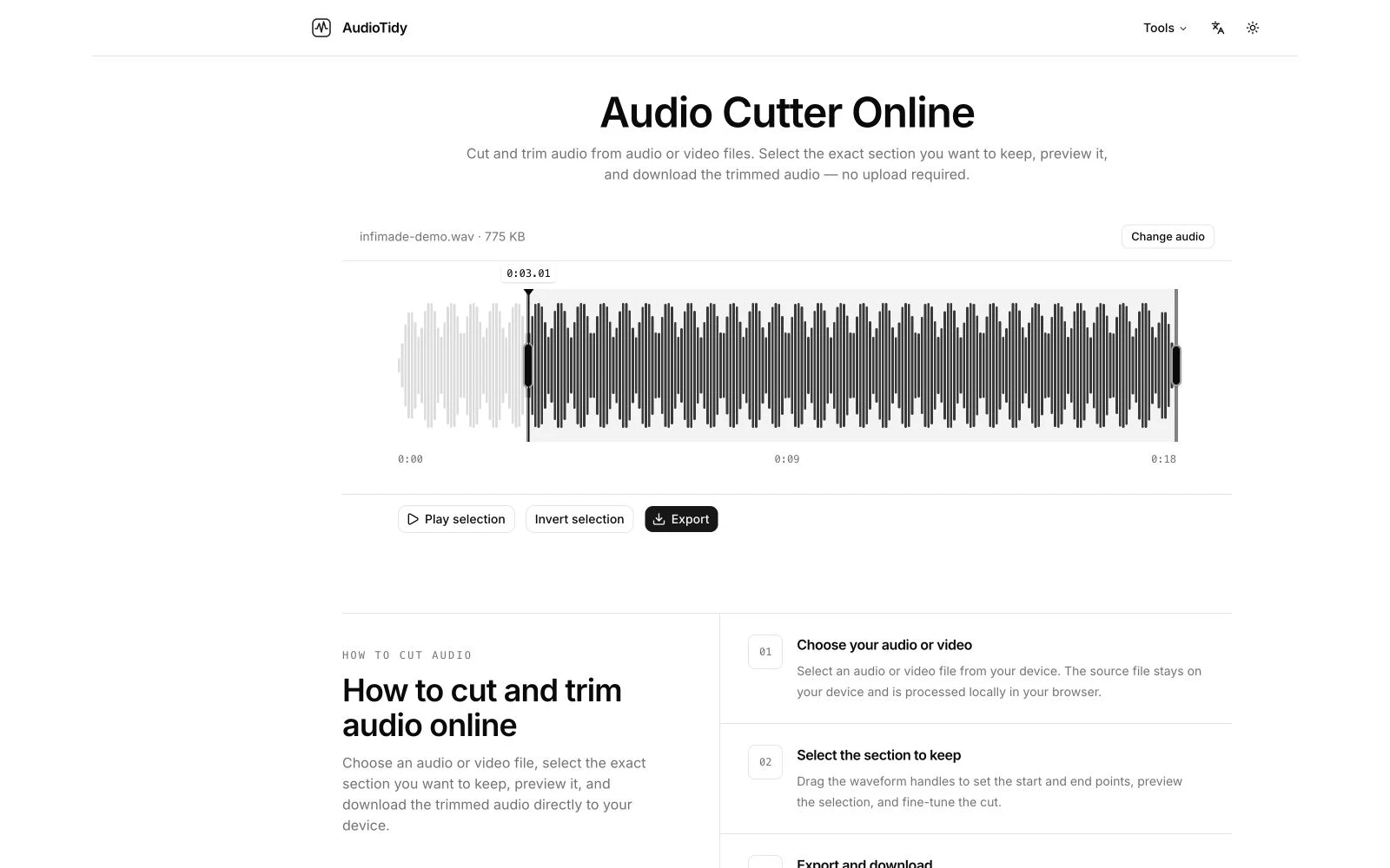 AudioTidy Audio Cutter with a waveform, selected range, and export controls.
