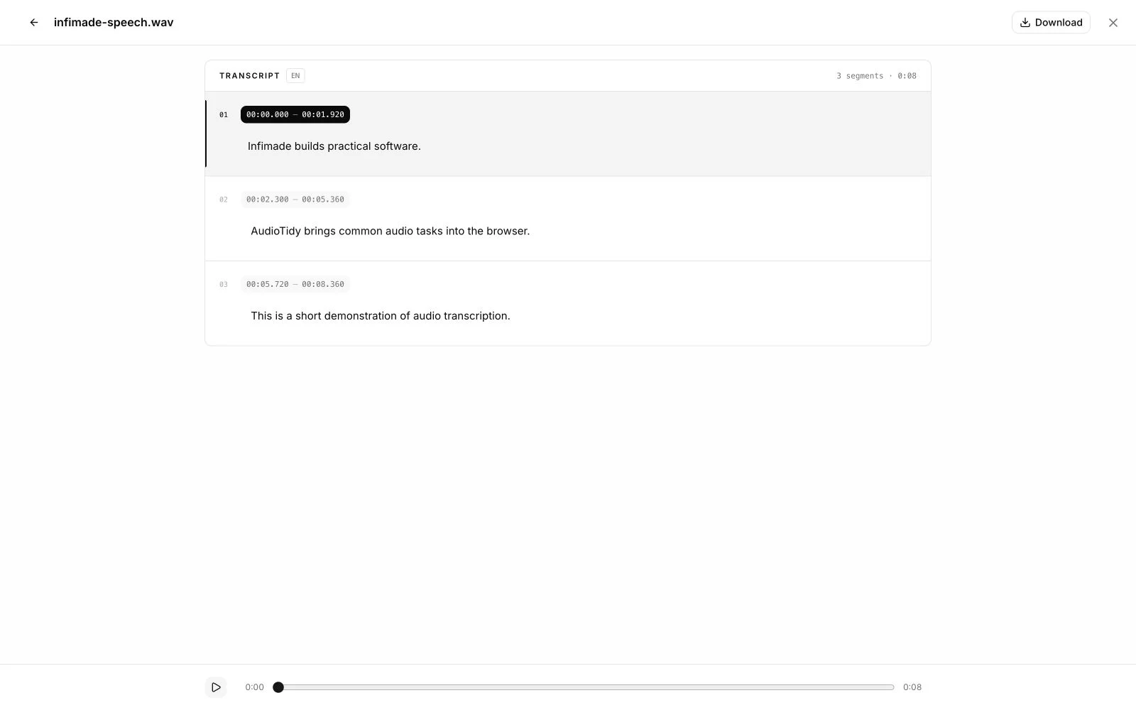 AudioTidy Audio to Text showing an editable transcript with timed segments and download controls.